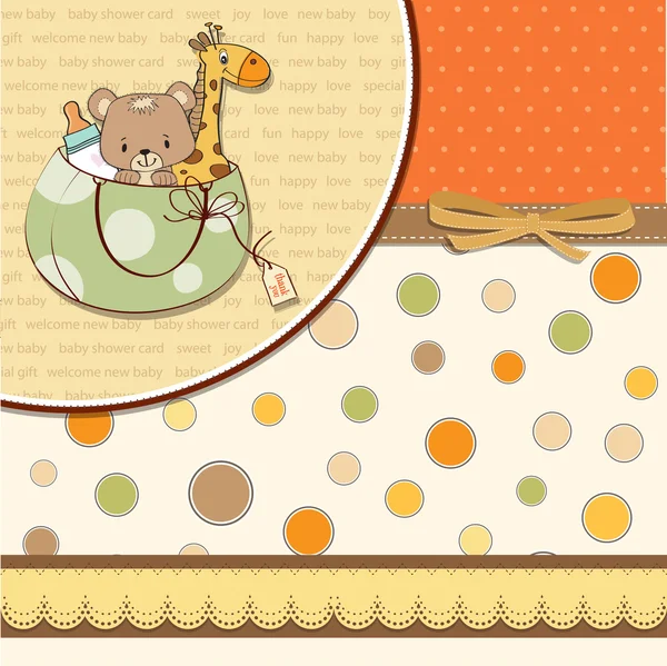 Novo cartão de anúncio do bebê com saco e mesmos brinquedos — Fotografia de Stock