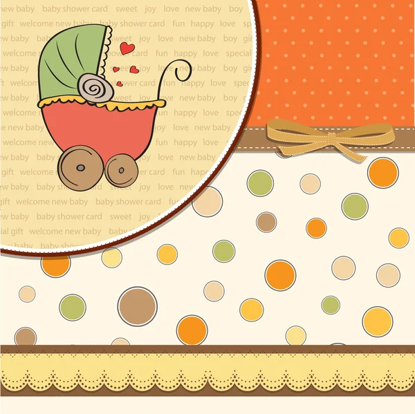 Cartão de chuveiro de bebê delicado com carrinho de bebê — Fotografia de Stock