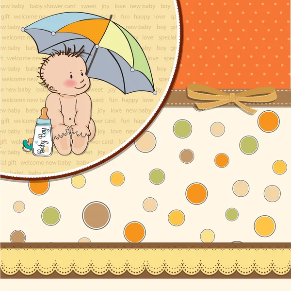 Baby jongen douche kaart met grappige baby onder zijn paraplu — Stockfoto