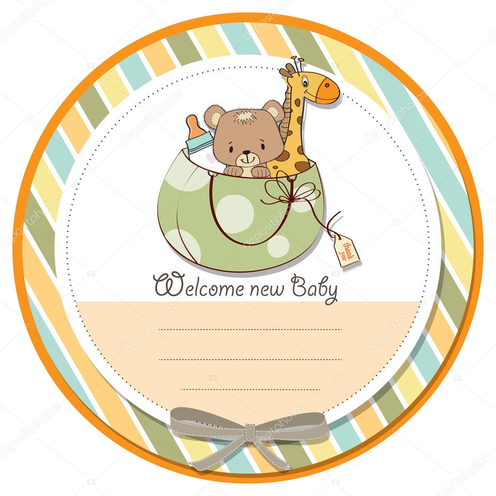 New baby announcement card with bag and same toys