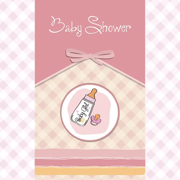 Süt şişesi ve emziği olan yeni kız bebek duyuru kartı — Stok fotoğraf