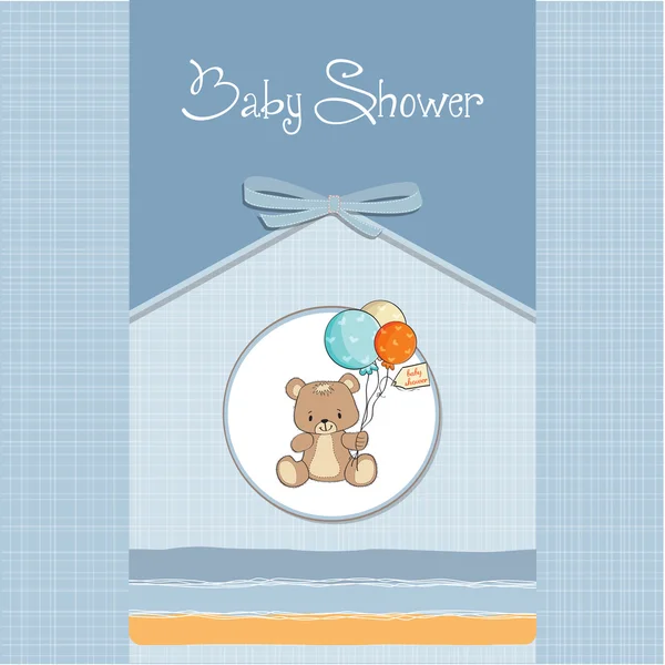 Cartão de banho de bebê com urso de pelúcia bonito — Fotografia de Stock