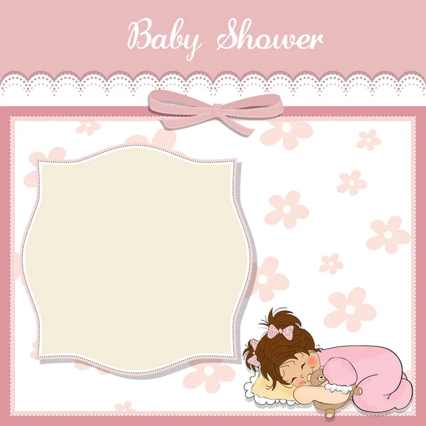 Baby shower card with little baby girl play with her teddy bear toy — Stock Photo, Image
