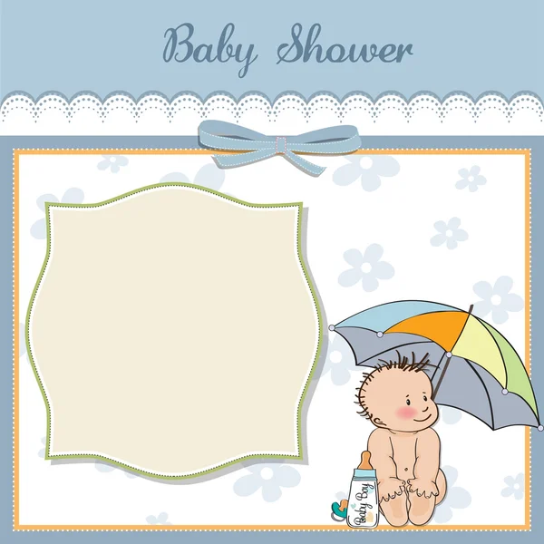 Baby boy shower card with funny baby under his umbrella — Stock Photo, Image