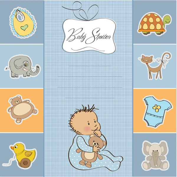Cartão do chuveiro do bebê com menino pequeno — Fotografia de Stock