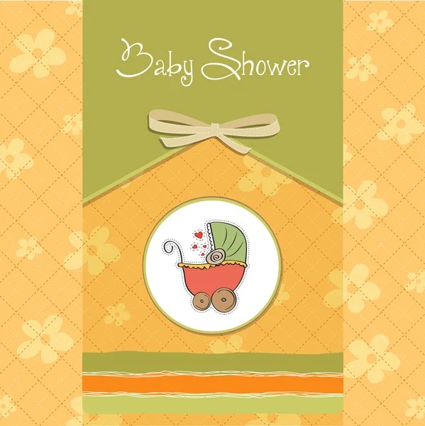 Cartão de chuveiro de bebê delicado com carrinho de bebê — Vetor de Stock