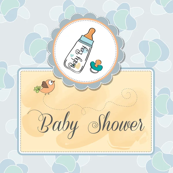 Baby announcement card with milk bottle and pacifier — Stock Photo, Image