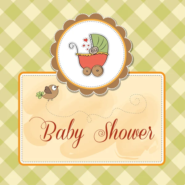 Delikatny baby shower card z wózkiem dziecięcym — Zdjęcie stockowe