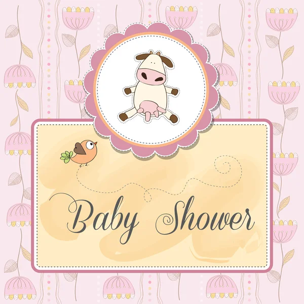 New baby girl announcement card with cow — Stock Vector