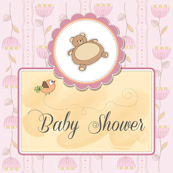 Tarjeta de ducha de bebé con peluche — Vector de stock