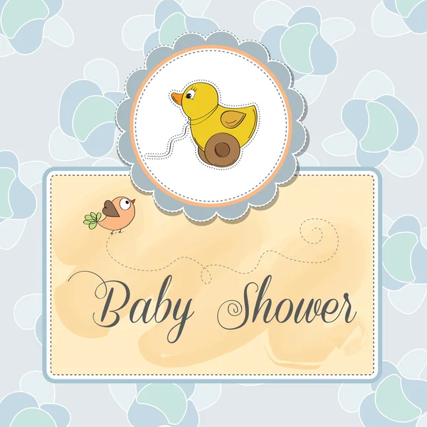 Cartão de chuveiro de bebê com brinquedo de pato —  Vetores de Stock