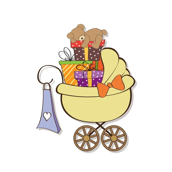Babyduschkarte mit Geschenkboxen im Kinderwagen — Stockfoto