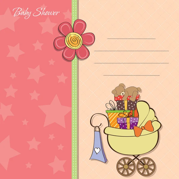 Cartão de banho de bebê com caixas de presente no carrinho — Fotografia de Stock