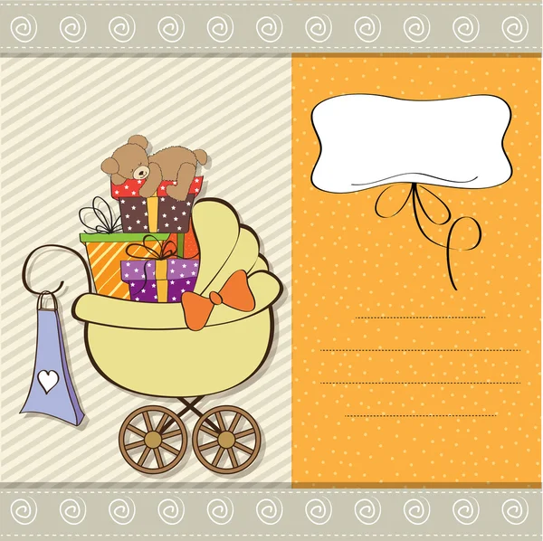 Bebek arabasında hediye kutuları olan hediye partisi kartı. — Stok fotoğraf