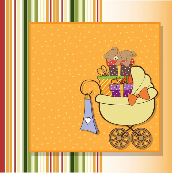 Baby shower card with gift boxes in the pram — Stock Photo, Image