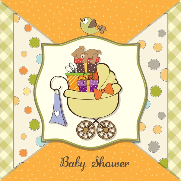 Bebek arabasında hediye kutuları olan hediye partisi kartı. — Stok fotoğraf