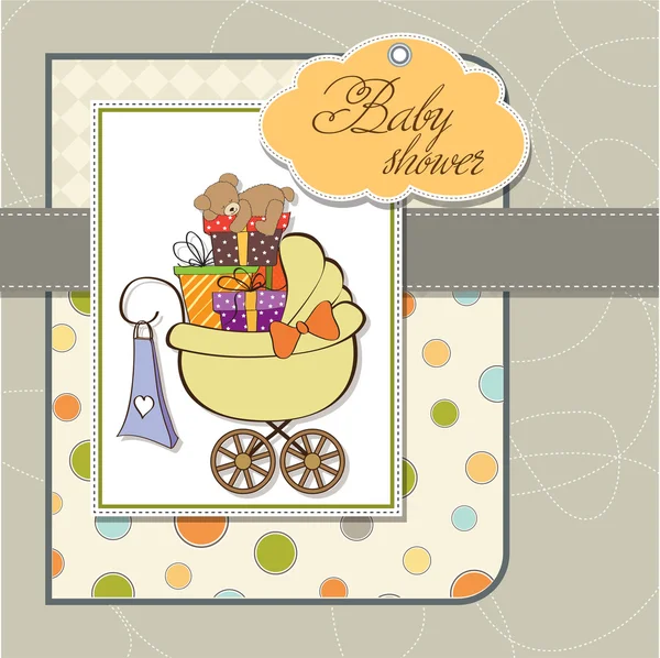 Baby shower card z pudełkami prezentów w wózku dziecięcym — Zdjęcie stockowe