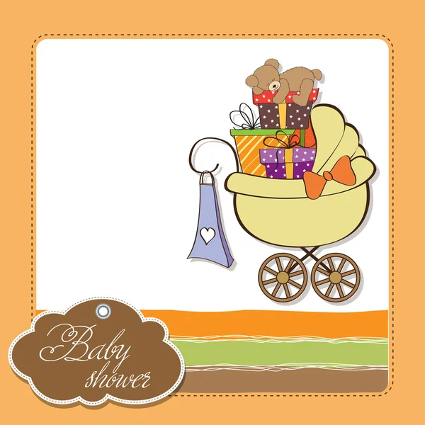 Baby douche kaart met geschenkdozen in de kinderwagen — Stockfoto