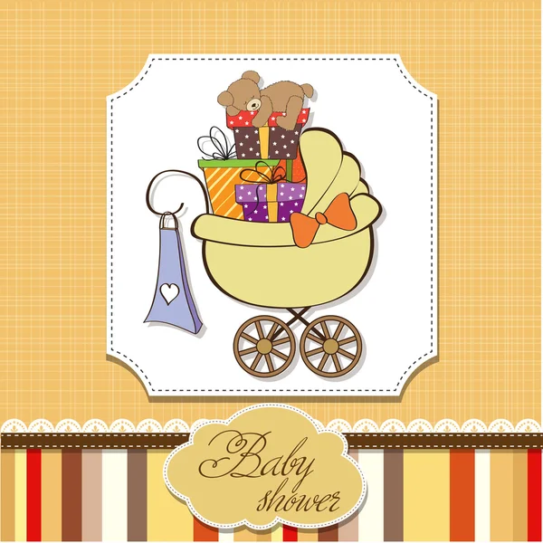 Baby shower card z pudełkami prezentów w wózku dziecięcym — Zdjęcie stockowe