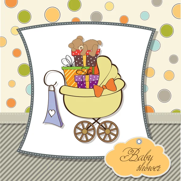 Baby shower card con scatole regalo nella carrozzina — Foto Stock