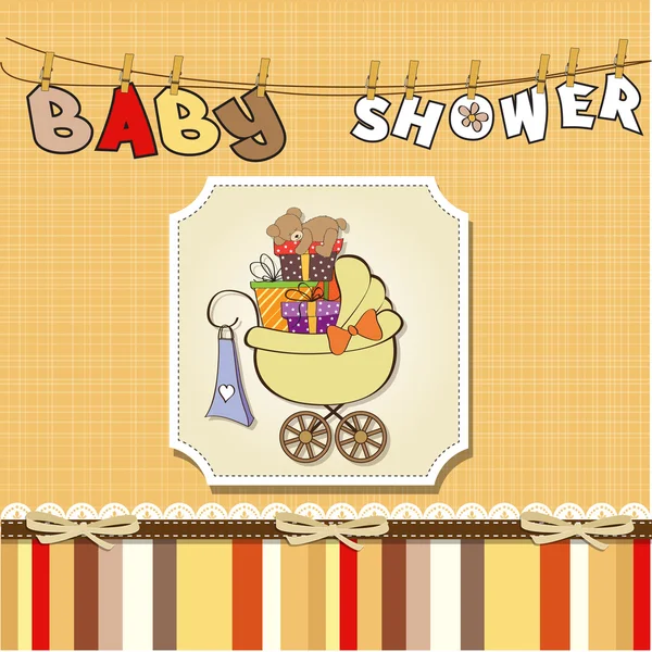 婴儿车里装有礼品盒的婴儿淋浴卡 — 图库照片