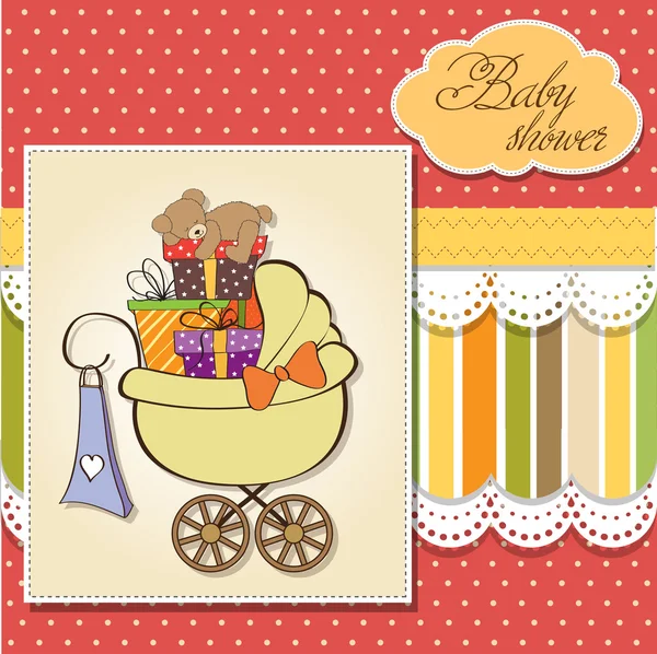 stock image Baby shower card with gift boxes in the pram