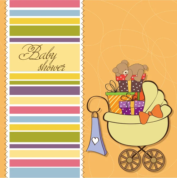 Carte de douche bébé avec coffrets cadeaux dans le landau — Photo