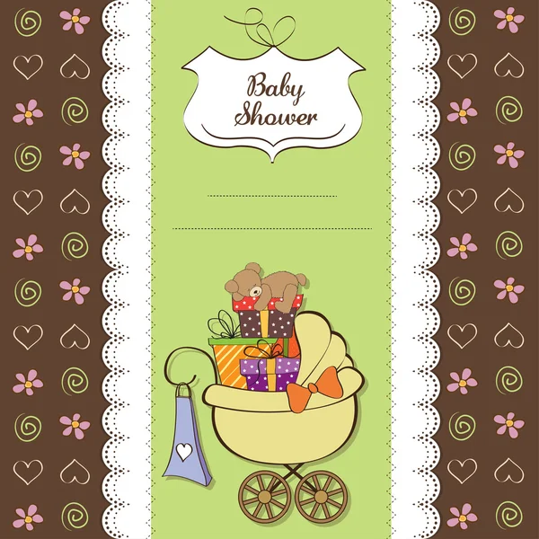Baby shower kort med presentaskar i barnvagnen — Stockfoto
