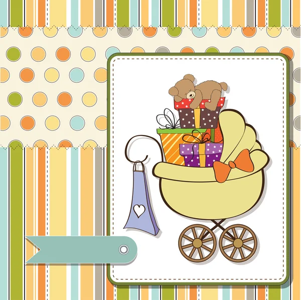 Card de duș pentru copii cu cutii cadou în cărucior — Fotografie, imagine de stoc