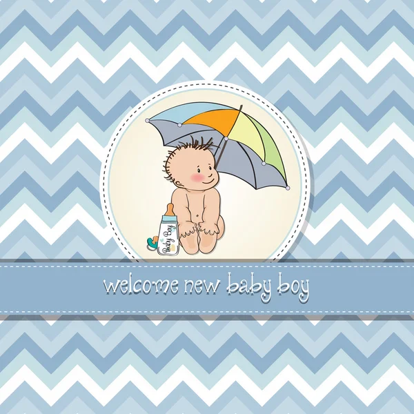 Chłopiec prysznic karty z zabawnym dzieckiem pod parasolem — Zdjęcie stockowe