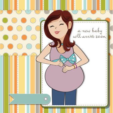 Mutlu hamile kadın, bebek partisi kartı.