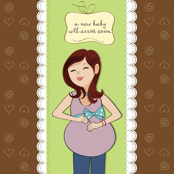 Mulher grávida feliz, cartão do chuveiro do bebê — Fotografia de Stock