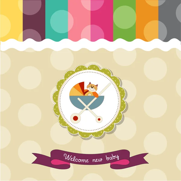 Cartão engraçado do chuveiro do bebê com carrinho e brinquedo do gato — Fotografia de Stock