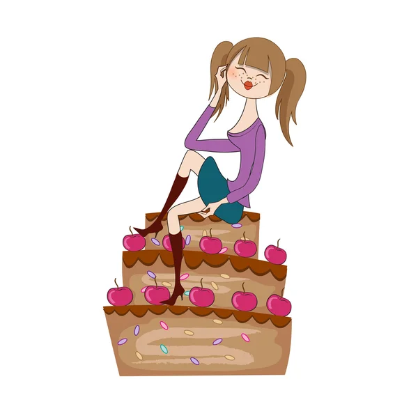 Sexy junge Frau sitzt auf einem großen Kuchen — Stockfoto