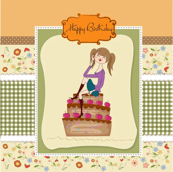 Sexy młoda kobieta siedzi na a Duży tort — Zdjęcie stockowe