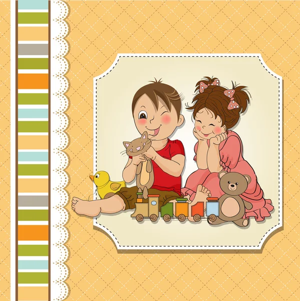 Dívka a chlapec hraje s hračkami — Stock fotografie