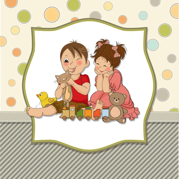Menina e menino brinca com brinquedos — Fotografia de Stock