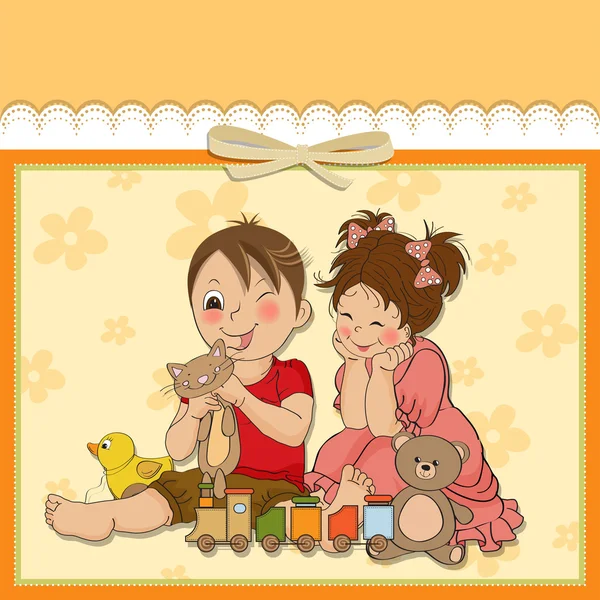 Menina e menino brinca com brinquedos — Fotografia de Stock