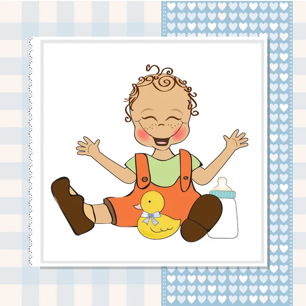 Baby boy spelen met zijn speelgoed van eend, welkom baby kaart — Stockfoto