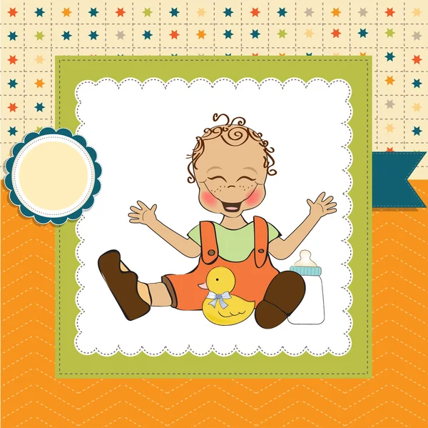 Baby boy playing with his duck toy, welcome baby card — Stock Photo, Image