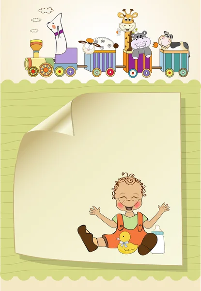 Baby boy playing with his duck toy, welcome baby card — Stock Photo, Image