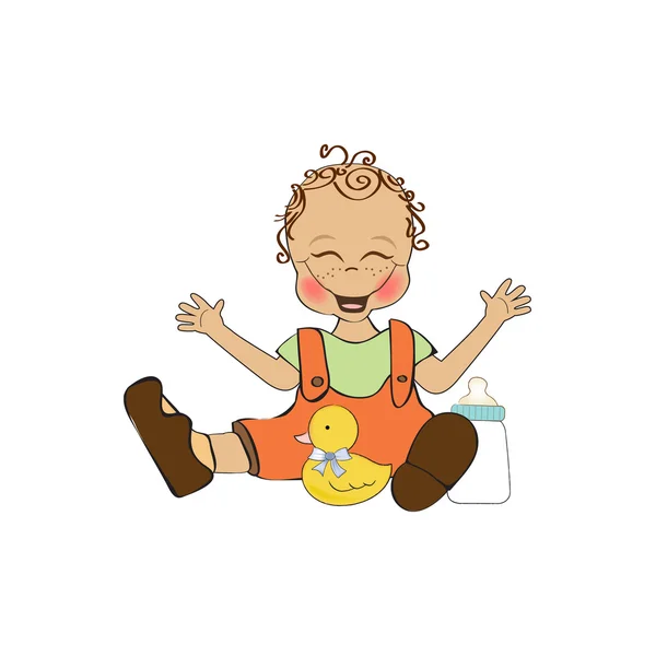 Baby boy spelen met zijn speelgoed van eend, welkom baby kaart — Stockfoto