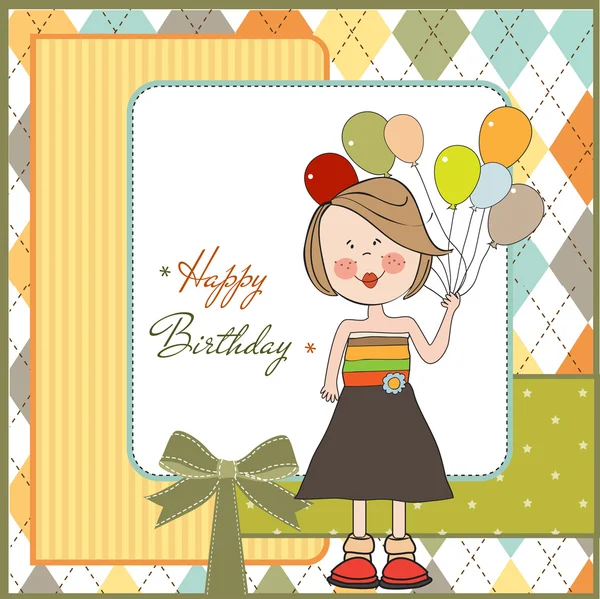Смішна дівчина з повітряною кулею, вітальна листівка на день народження — стокове фото