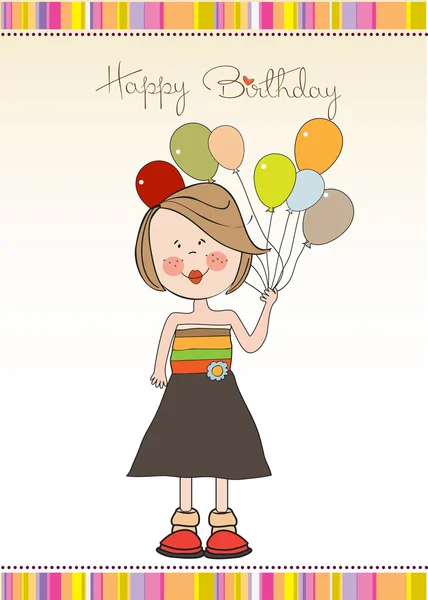 풍선, 생일 인사말 카드와 재미 있는 여자 — 스톡 사진