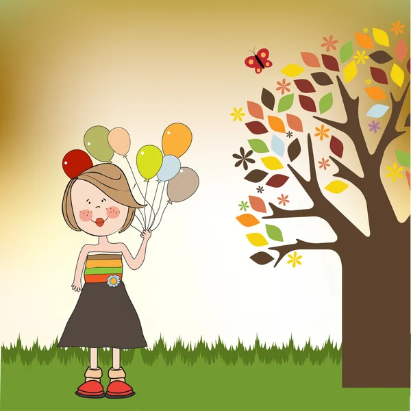 Смішна дівчина з повітряною кулею, вітальна листівка на день народження — стокове фото