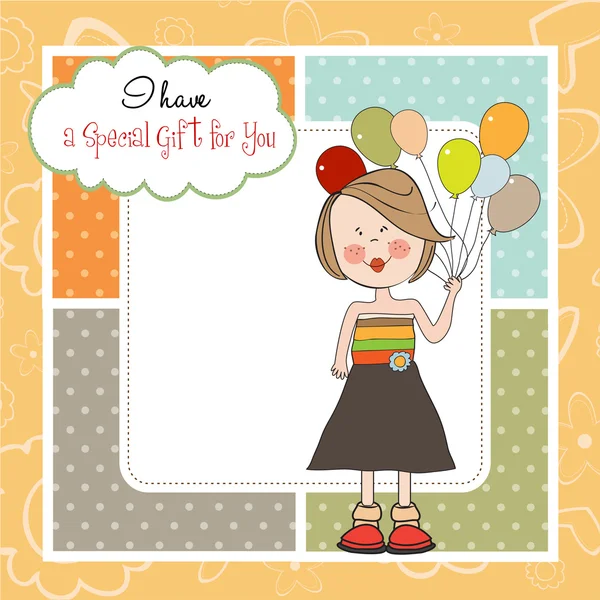 Chica divertida con globo, tarjeta de felicitación de cumpleaños — Foto de Stock