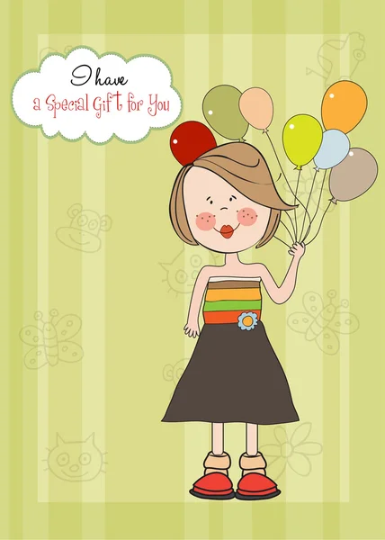 Funny girl with balloon, birthday greeting card — Stock Photo, Image