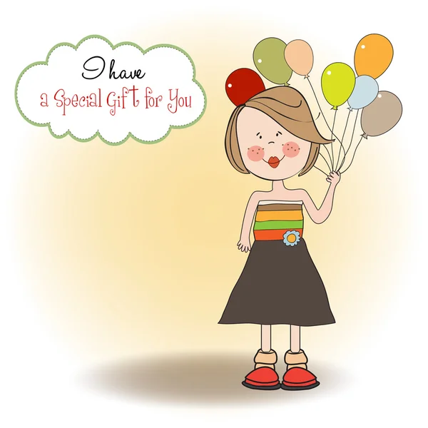 搞笑女孩与气球、 生日贺卡 — 图库照片