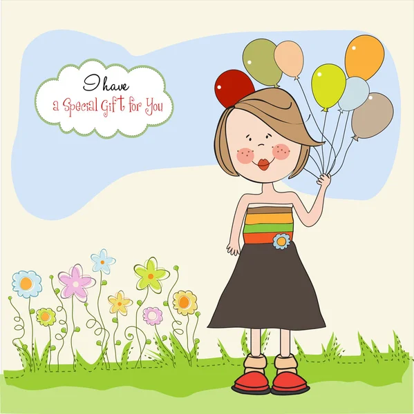 Lustiges Mädchen mit Luftballon, Geburtstagsgrußkarte — Stockfoto