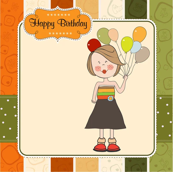 Забавная девушка с воздушным шаром, поздравительные открытки — стоковое фото